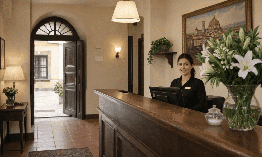 Hotel security for solo female travelers in Florence hotel reception desk with staff member representing the security and support a good hotel provides