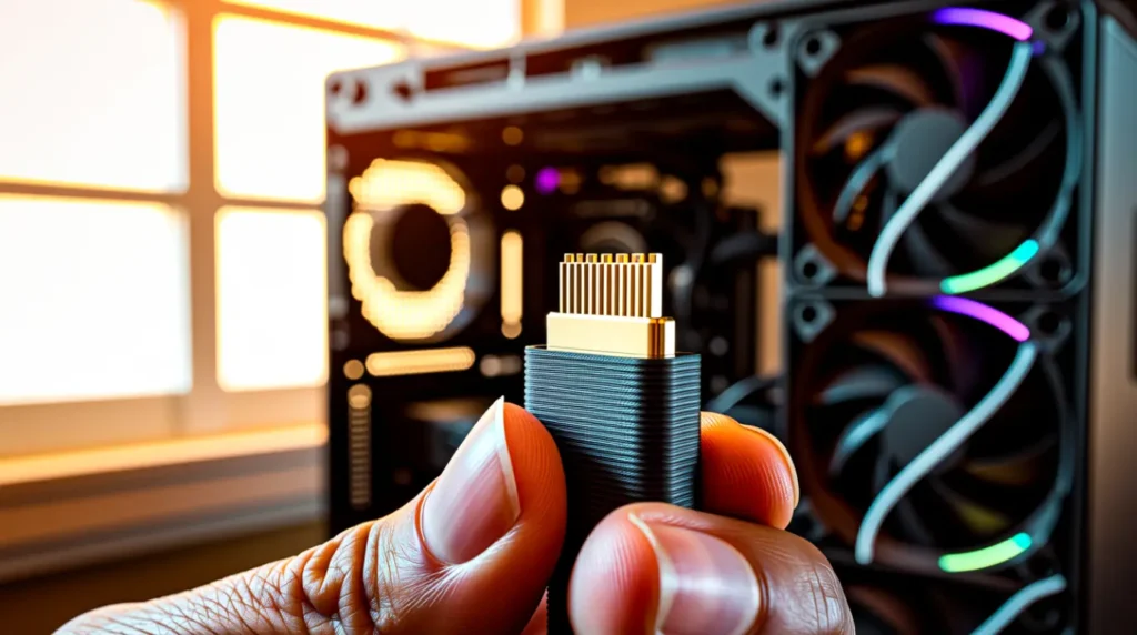  Technician inspecting a DisplayPort connector's pin array near an open PC case.
