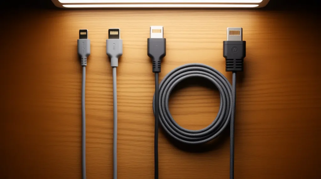 Three different display cables laid side by side comparing build quality and thickness.
