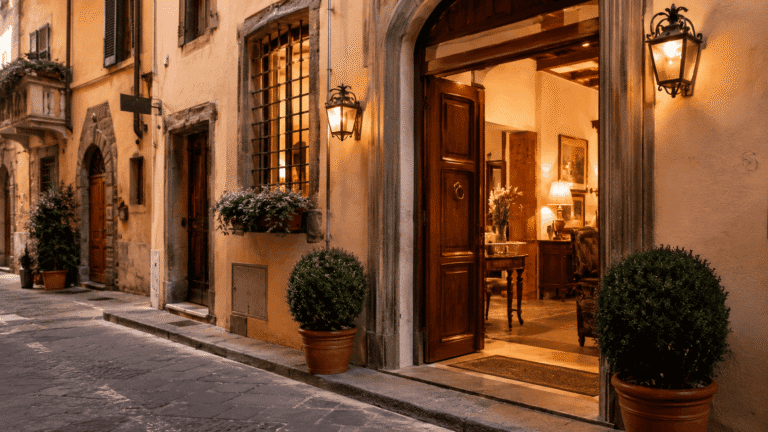 Hotels in Florence for solo travelers charming boutique hotel entrance in Oltrarno neighbourhood with warm secure reception and cobblestone street