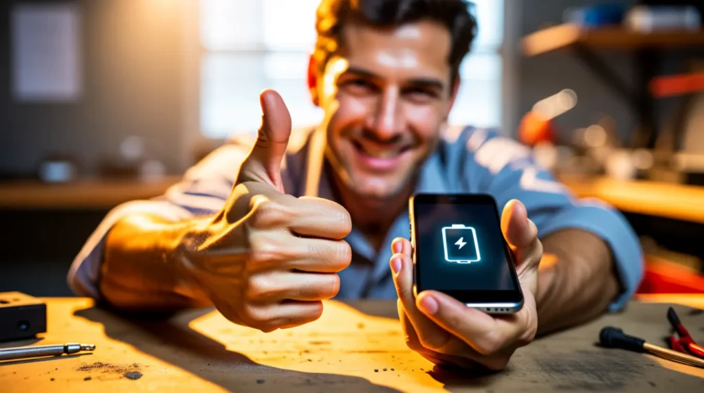 Repair technician giving a thumbs up while holding an iPhone showing a charging icon
