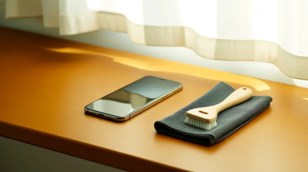 Smartphone resting beside a microfiber cloth and small brush for regular port cleaning
