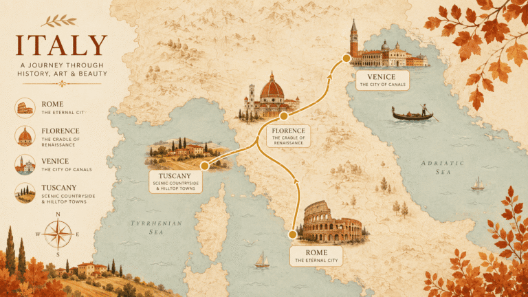 Italy in October itinerary collage map showing Rome Colosseum, Florence Ponte Vecchio, Venice cana