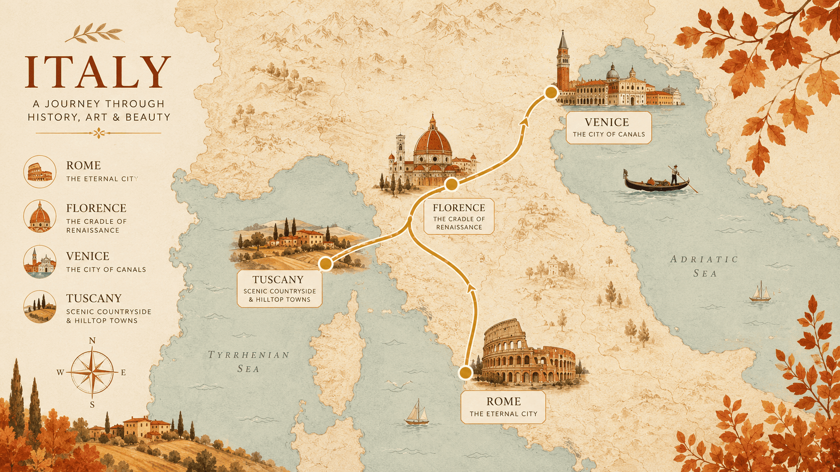 Italy in October itinerary collage map showing Rome Colosseum, Florence Ponte Vecchio, Venice cana