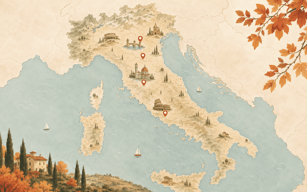 Italy map highlighting Florence, Bologna, Verona, and Tuscany as safest regions