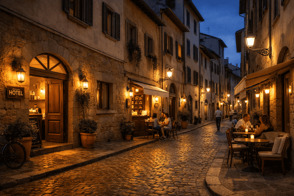 Oltrarno neighbourhood in Florence for solo travel hotels residential cobblestone street with small boutique hotels