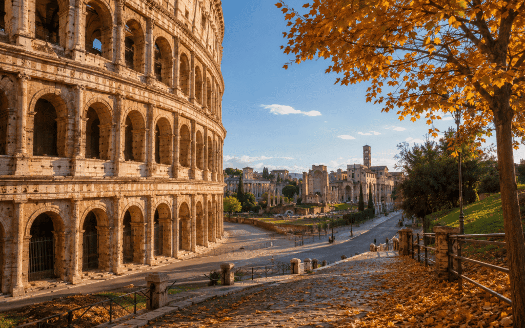 Rome itinerary in October Colosseum and Roman Forum in golden autumn