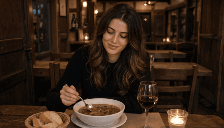 Solo dining in Florence solo traveller eating ribollita at a small Florentine trattoria counter with a glass of Chianti wine in warm candlelight