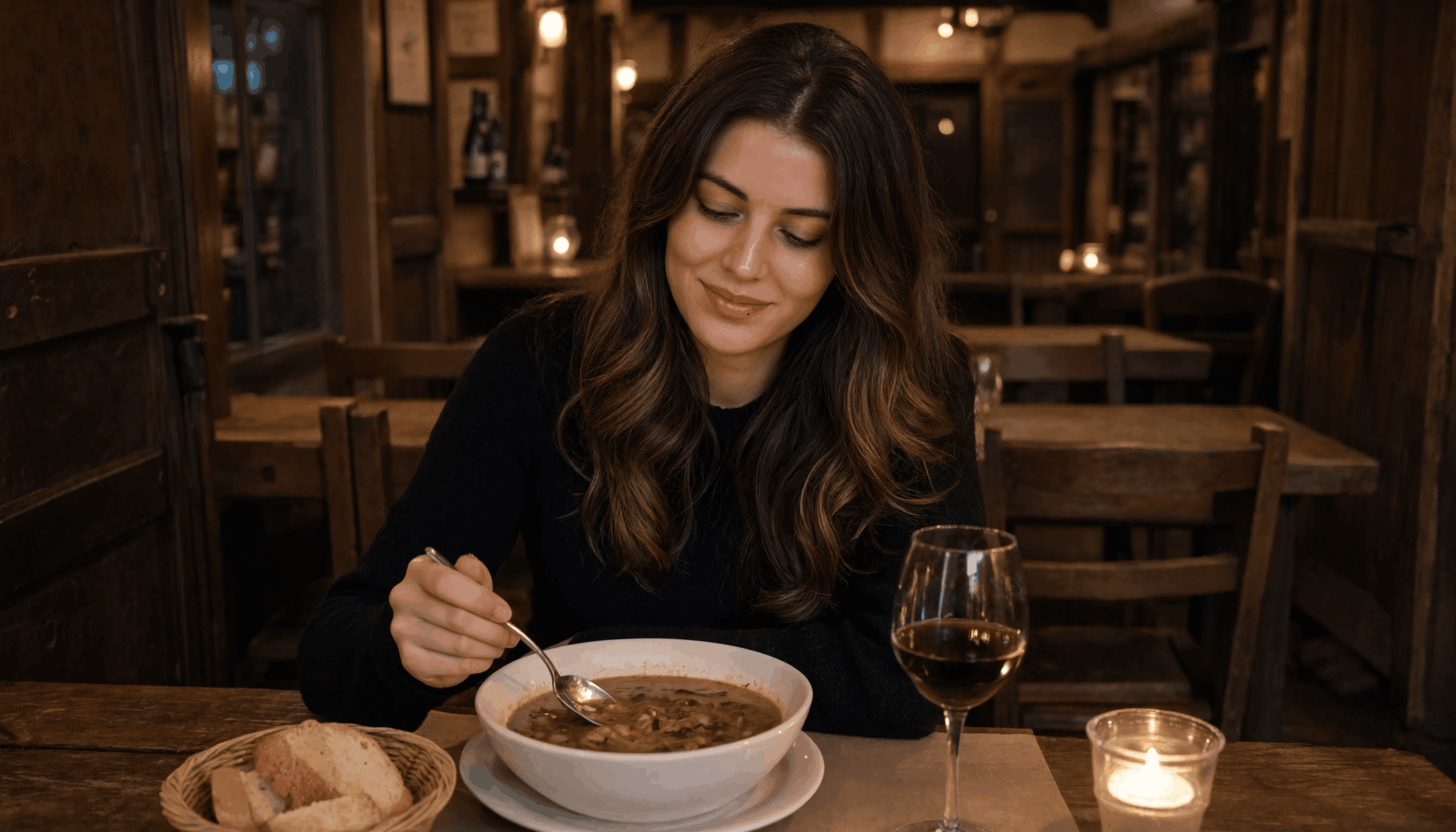 Solo dining in Florence solo traveller eating ribollita at a small Florentine trattoria counter with a glass of Chianti wine in warm candlelight