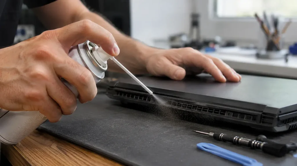 Cleaning laptop fan vents with compressed air to stop constant fan running
