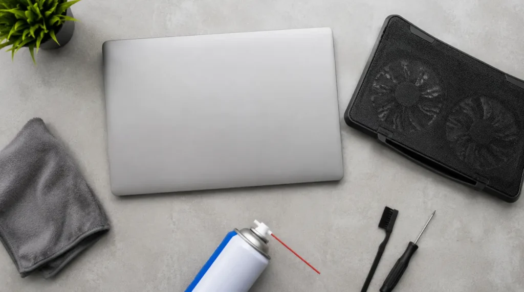 Laptop with cooling pad and cleaning supplies for fan maintenance and prevention
