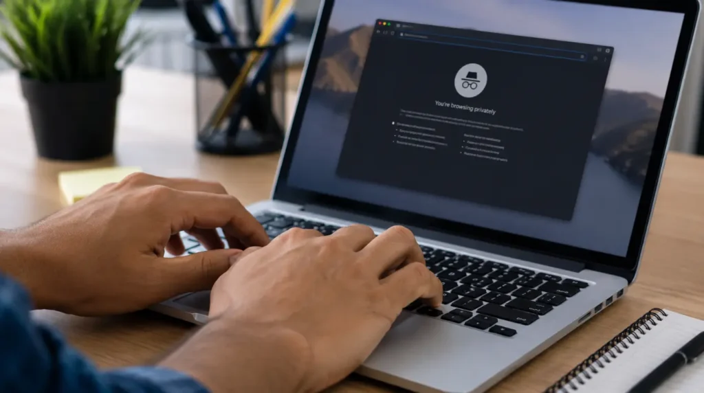 Hands typing on a laptop keyboard with a private browsing window open to test YouTube comments
