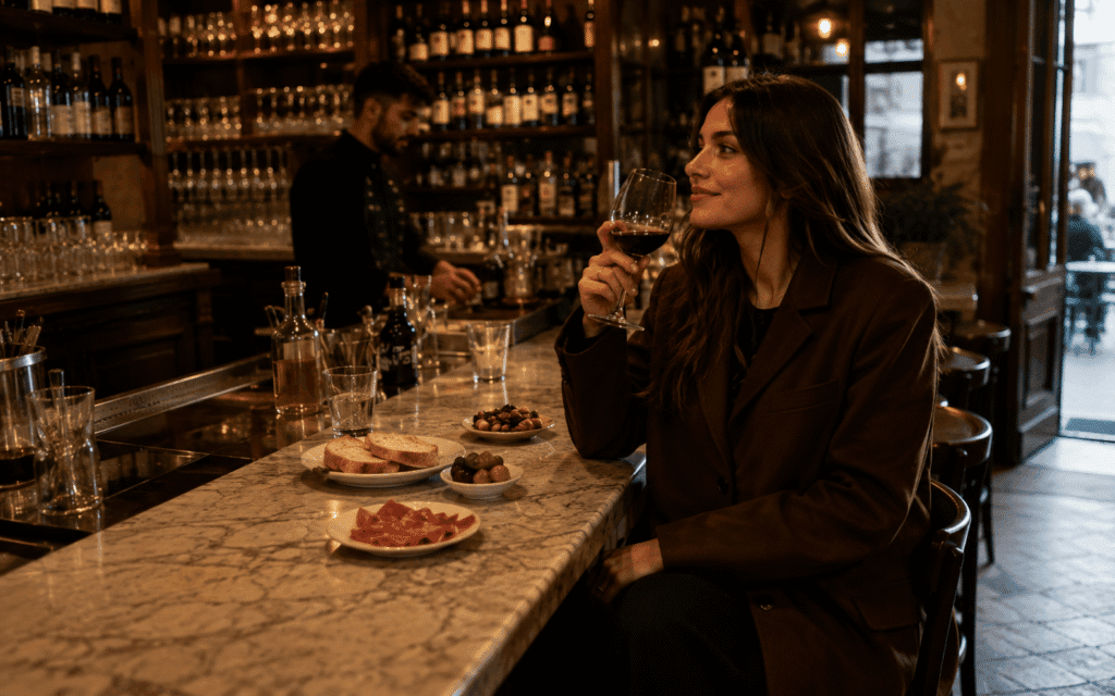 solo traveller sitting at a marble bar counter in a traditional Italian trattoria enjoying wine and cicchetti