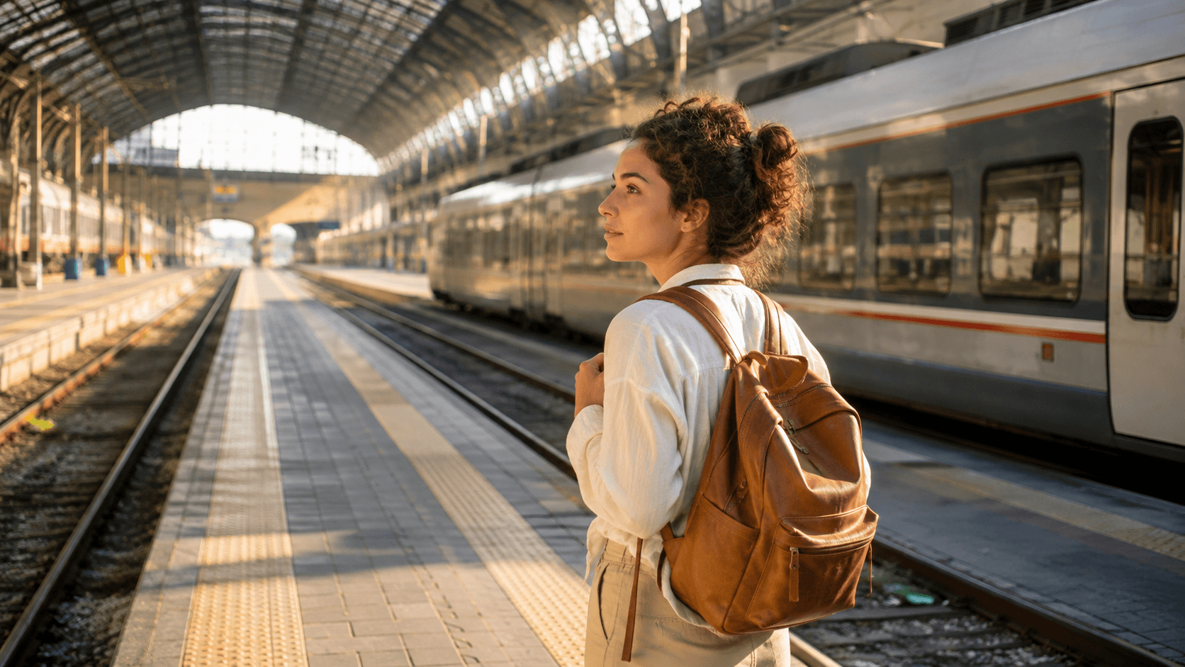 Best day trips from Florence for solo travelers solo traveler with small daypack at Florence Santa Maria Novella train station platform ready to depart on a day trip
