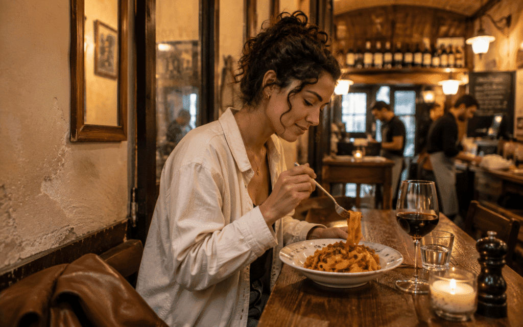 Budget dinner in Florence solo traveler eating pappardelle pasta at a small neighbourhood trattoria counter with a glass of house red wine for under €20