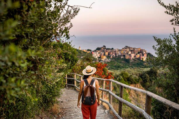 Cinque Terre hiking trail solo traveler  solo traveler on the Sentiero Azzurro coastal trail between Vernazza and Monterosso