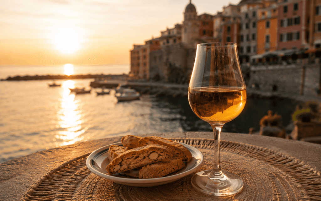Cinque Terre local wine Sciacchetrà solo traveler with a glass of golden Sciacchetrà dessert wine