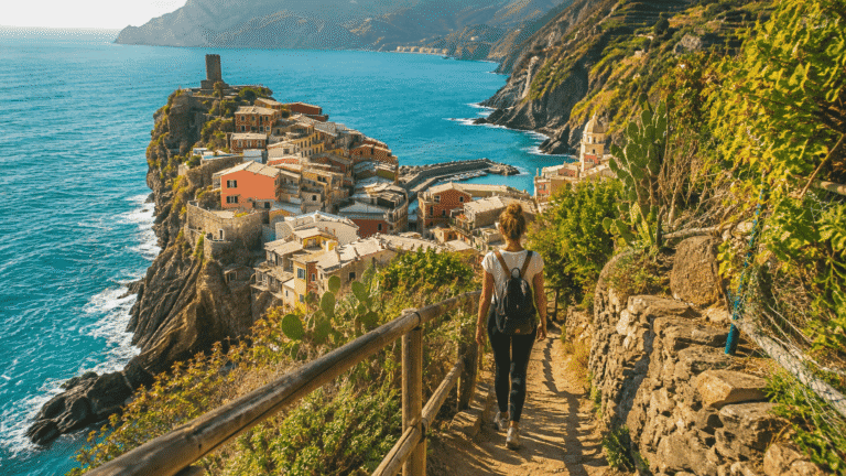 Cinque Terre solo travel guide solo traveler on coastal hiking trail above Vernazza village with turquoise Ligurian sea below in warm October afternoon light