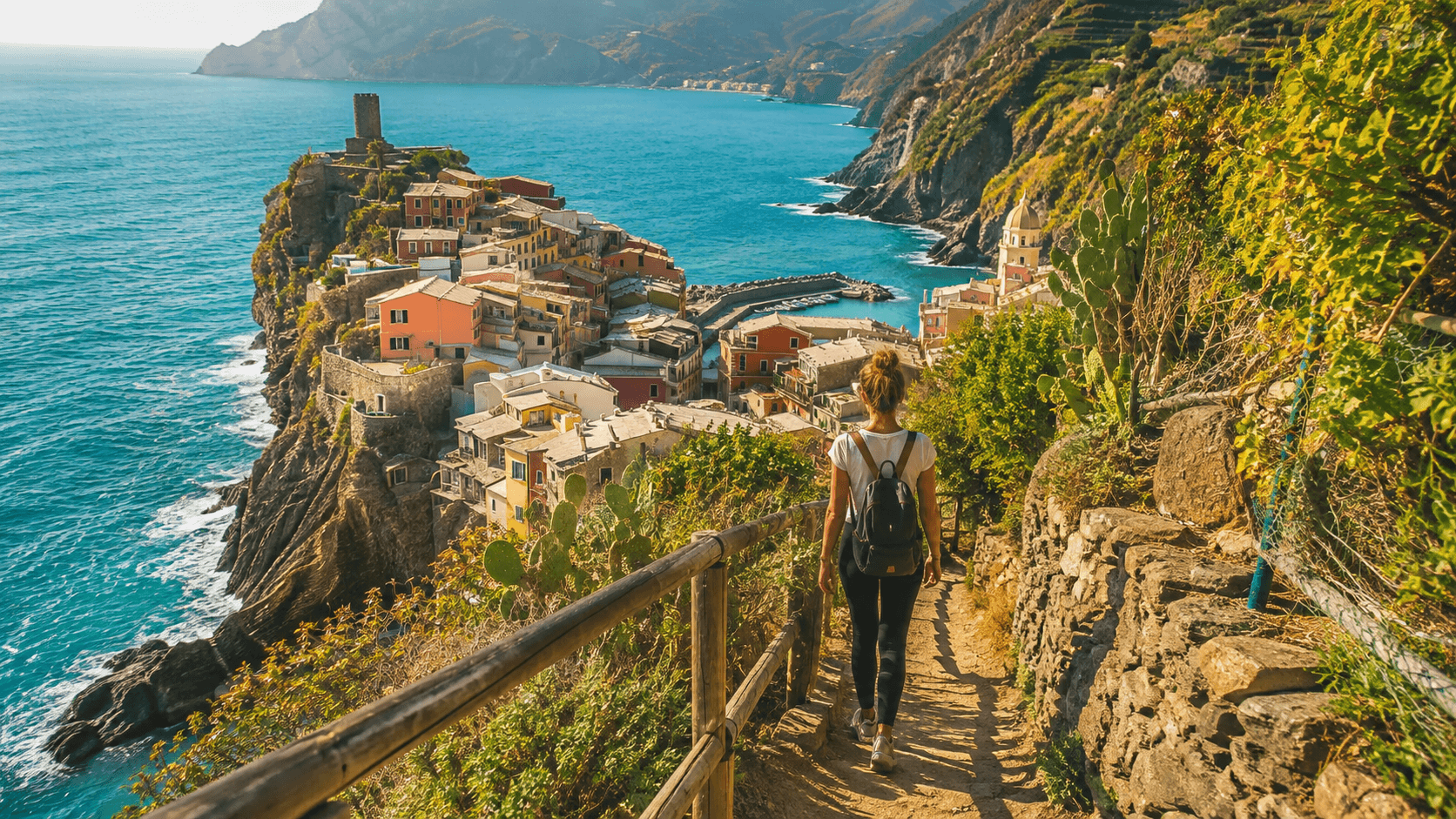 Cinque Terre solo travel guide solo traveler on coastal hiking trail above Vernazza village with turquoise Ligurian sea below in warm October afternoon light