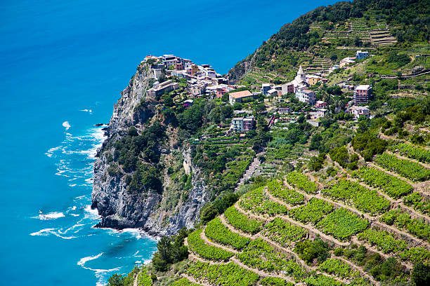 Corniglia Cinque Terre solo the only inland village perched on a clifftop 100m above the sea with the most dramatic panoramic views of the Cinque Terre coastline