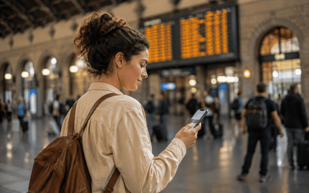 Day trips from Florence by train for solo travelers solo traveler checking Trenitalia app on phone at Florence train station