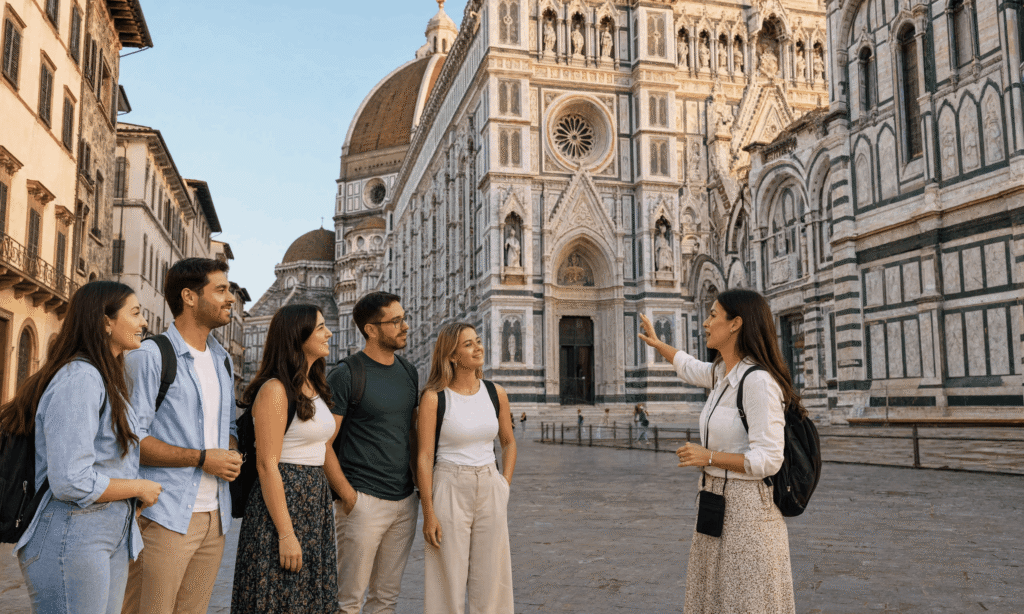  walking tour Florence solo small group of international solo travelers gathered around a guide near the Florence Duomo