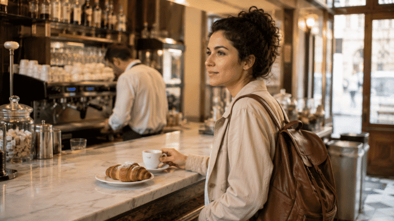 Florence solo travel budget solo traveler with small daypack and espresso at a Florence café counter representing budget solo travel in Italy