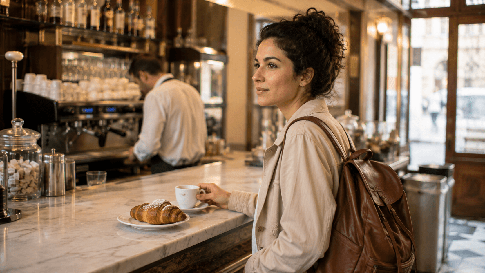 Florence solo travel budget solo traveler with small daypack and espresso at a Florence café counter representing budget solo travel in Italy