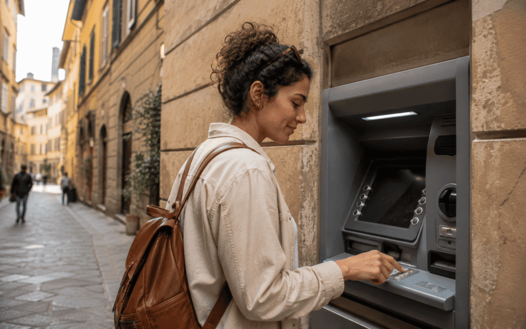 Florence solo traveler using bank ATM in Florence to withdraw euros representing the best way to get cash in Italy