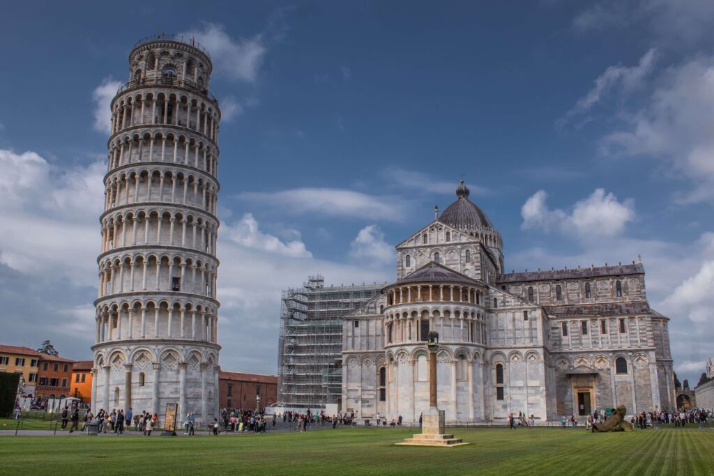 Pisa day trip from Florence solo Leaning Tower of Pisa and Cathedral on Piazza dei Miracoli in morning light with very few tourists