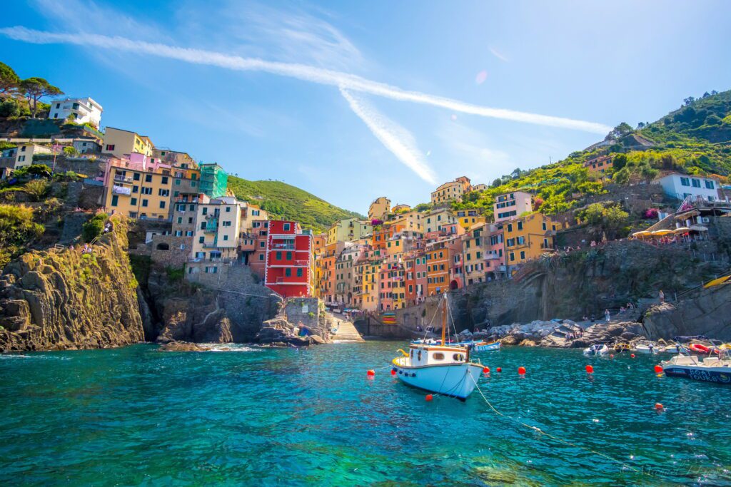 Riomaggiore Cinque Terre solo evening the southernmost village at dusk with colourful houses rising up the narrow valley