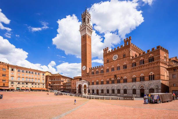 Siena day trip from Florence solo Piazza del Campo fan-shaped medieval piazza in warm afternoon light with Torre del Mangia tower, very few tourists