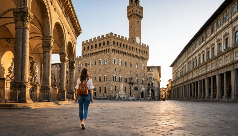 Best things to do in Florence solo traveler with small daypack exploring Piazza della Signoria in golden morning light with Palazzo Vecchio tower behind