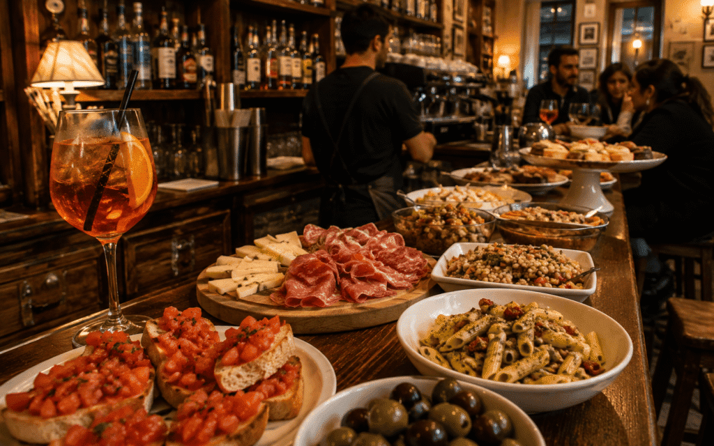 aperitivo bar spread with Aperol Spritz drink and free food including bruschetta olives cheese representing dinner for €7
