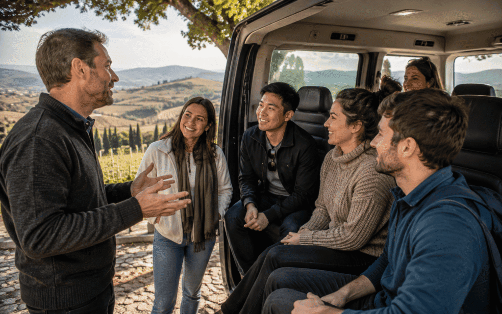 Best guided day tour from Florence for solo travelers small group of international travelers in a minivan with local guide looking at a Tuscany map